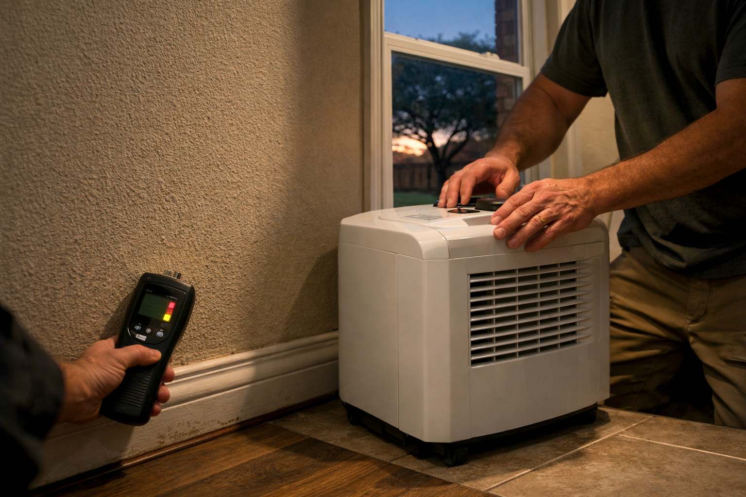 Technician checking moisture in a baseboard beside a running dehumidifier in a San Antonio, TX home